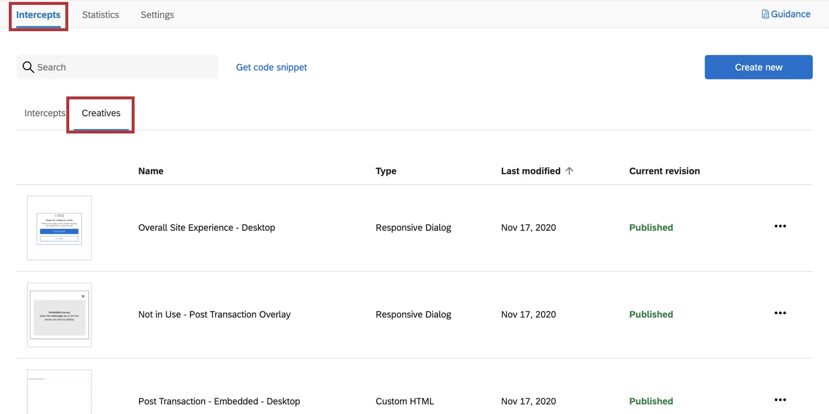 Intercepts tab, creatives section