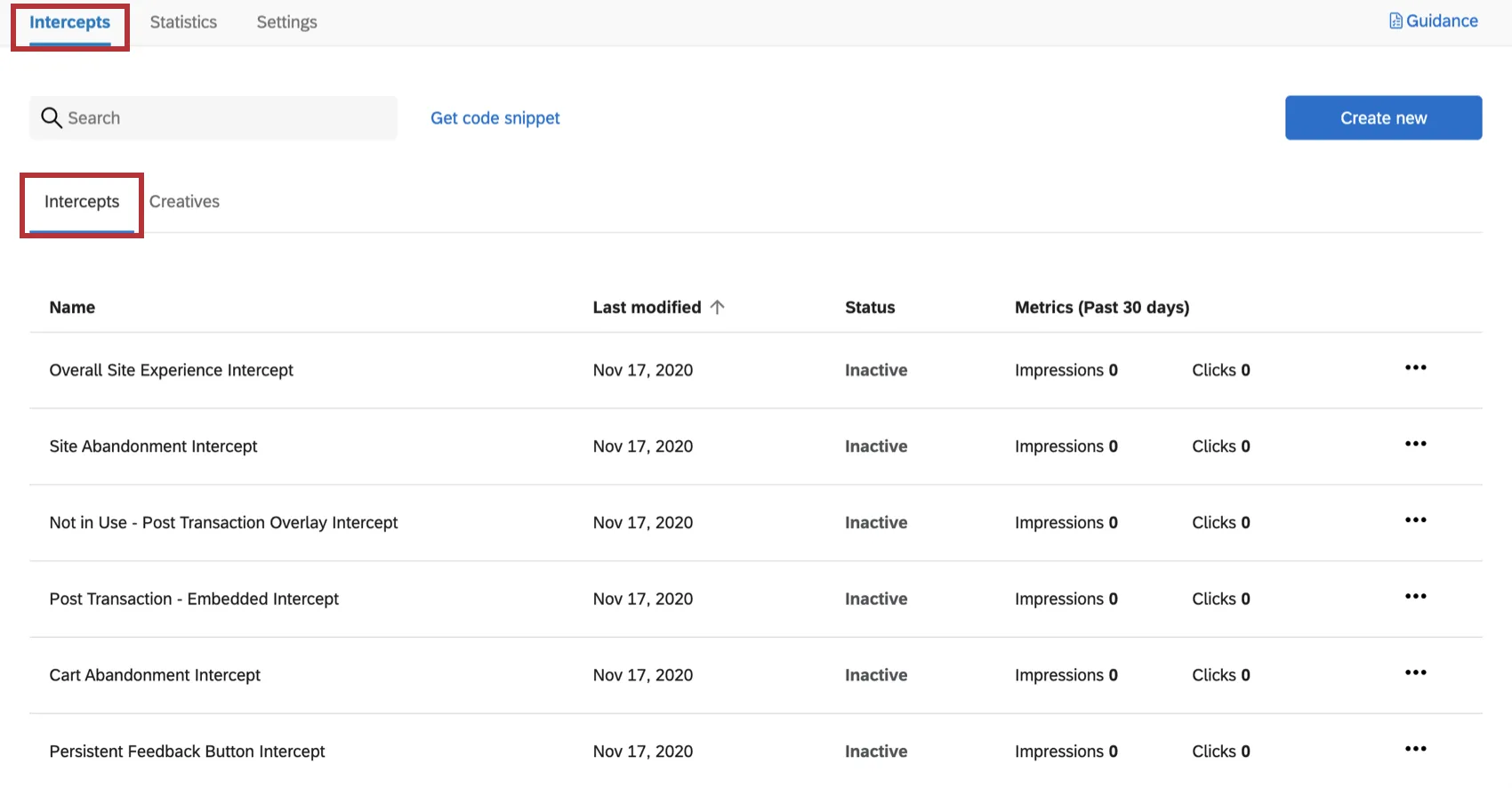 Guia Interceptos, seção interceptos