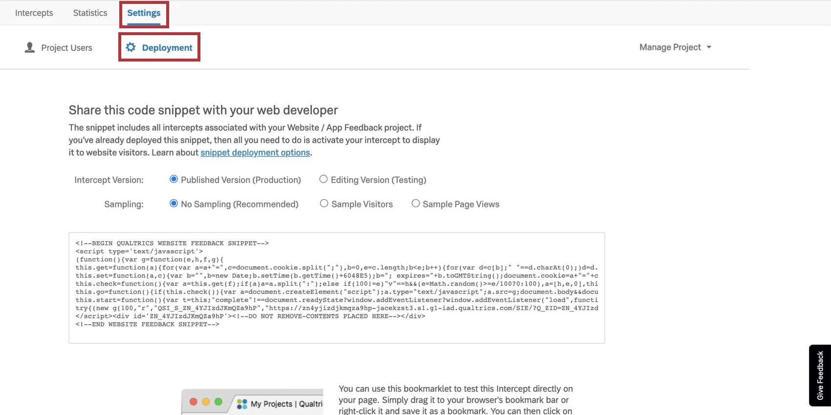 Im Deployment-Abschnitt der Einstellungen wird Code angezeigt.