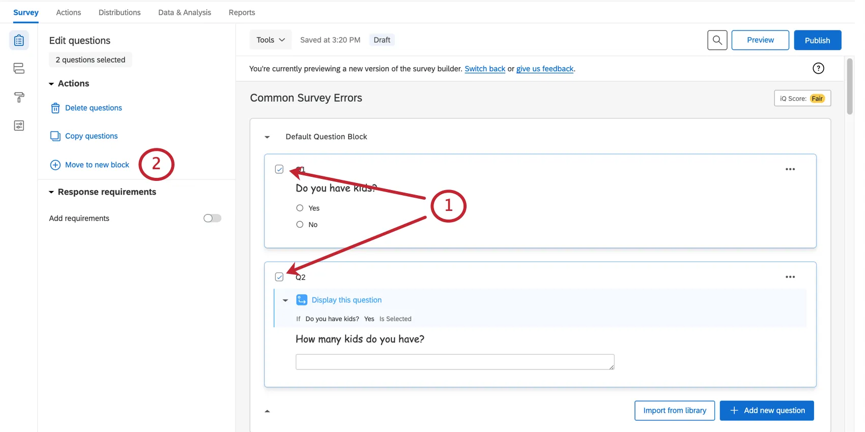 質問を移動させるオプション
