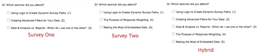 Example of questions from Survey One, Survey Two, and a Hybrid of the two