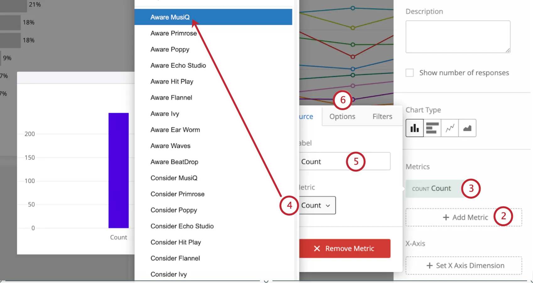 Double-clicked widget to reveal widget editing pane. Selecting Count reveals expanded menu that opens to left. This has a field for selecting metric and changing the label, then along the top of this menu are Options