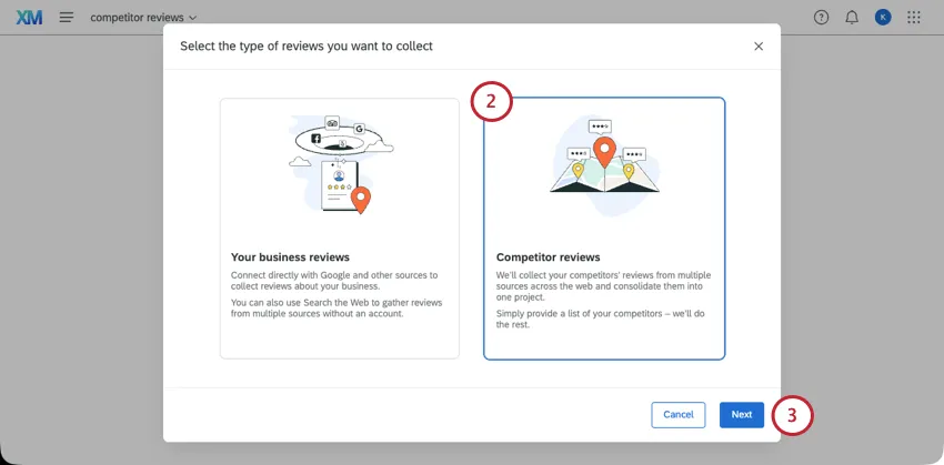 new window where you select from business reviews and competitor reviews