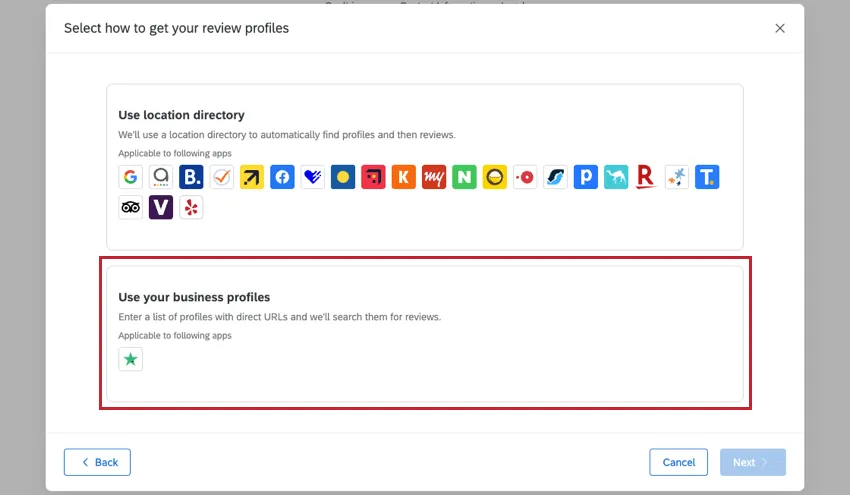 image of a window with the options to choose from use location directory or use your business profiles