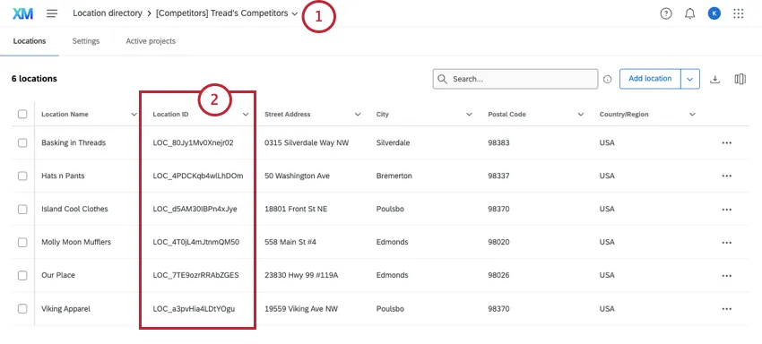 location IDs as they appear in a location directory