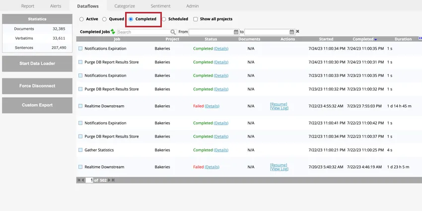 the completed section of dataflows