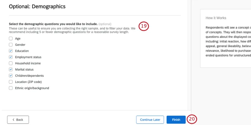 Pregunta de Opción múltiple que muestra los tipos de datos demográficos que se incluirán en la encuesta, etiquetados como 19 y 20