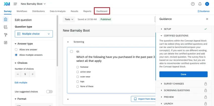 Uma imagem da guia pesquisa do projeto - na parte superior, a última guia é Dashboard