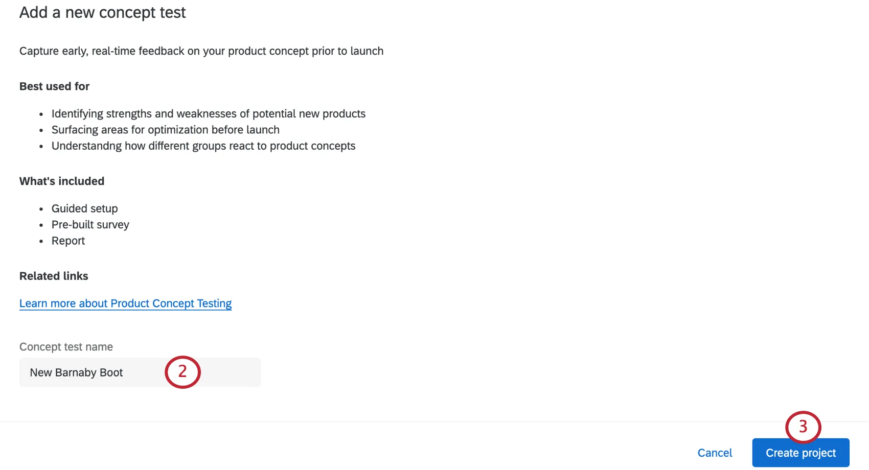 Image of a screen explaining what the concept test is best used for. There is a field for the name at the very end