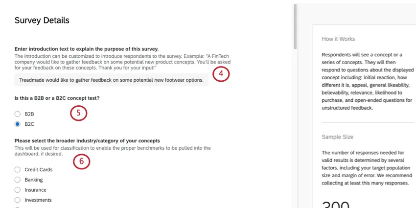 Survey Details window opened, with numbers by the paragraphs - B2C is selected