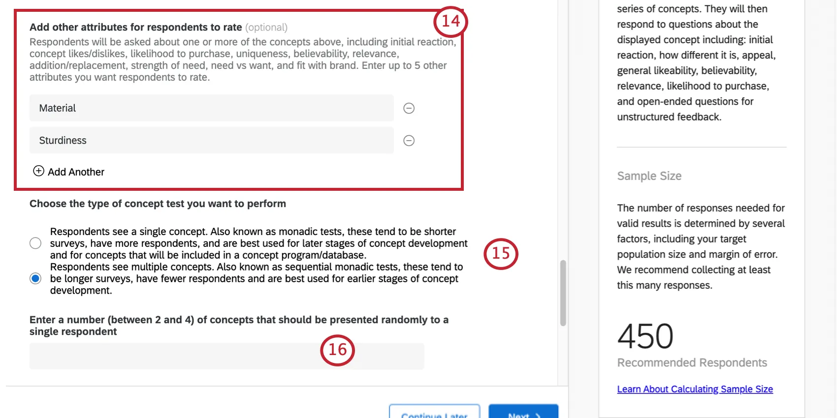 Steps 14-16 of concept test instructions outlined