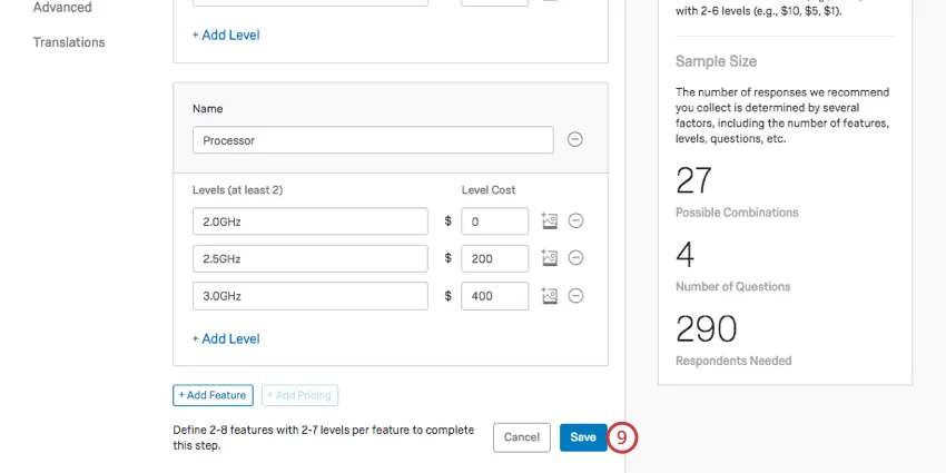 For the last attribute, processor, 2 GHz is 0 level cost, 2.5 is 200 level cost, and 3 is 400 level cost
