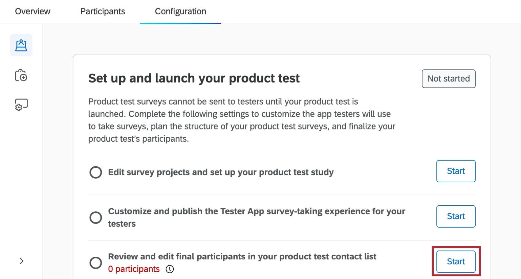 "start" button that takes you to review your final product test contact list