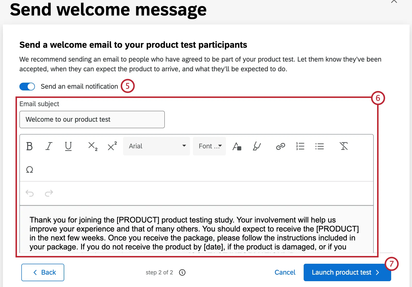 janela para redigir um e-mail de boas-vindas para os participantes do teste de produto