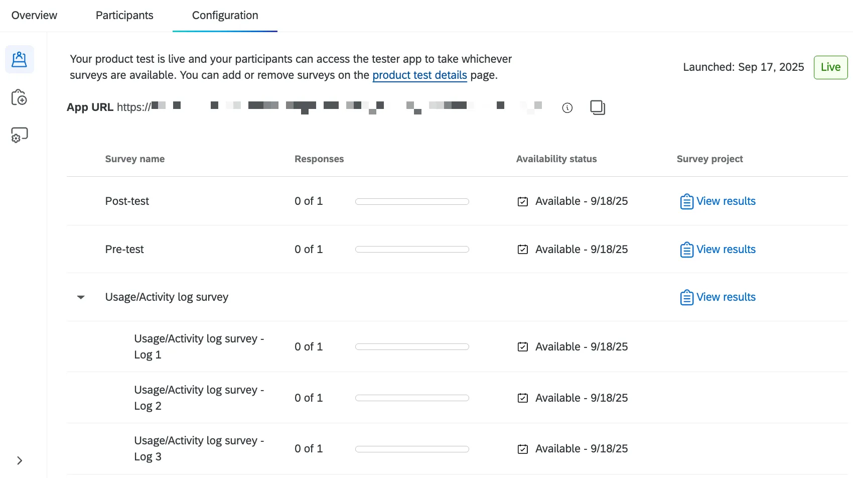 vue de longlet de configuration une fois le test produit lancé