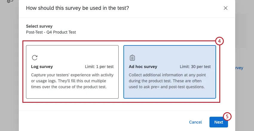 options to make a survey a log survey vs. an ad-hoc survey; ad-hoc is selected