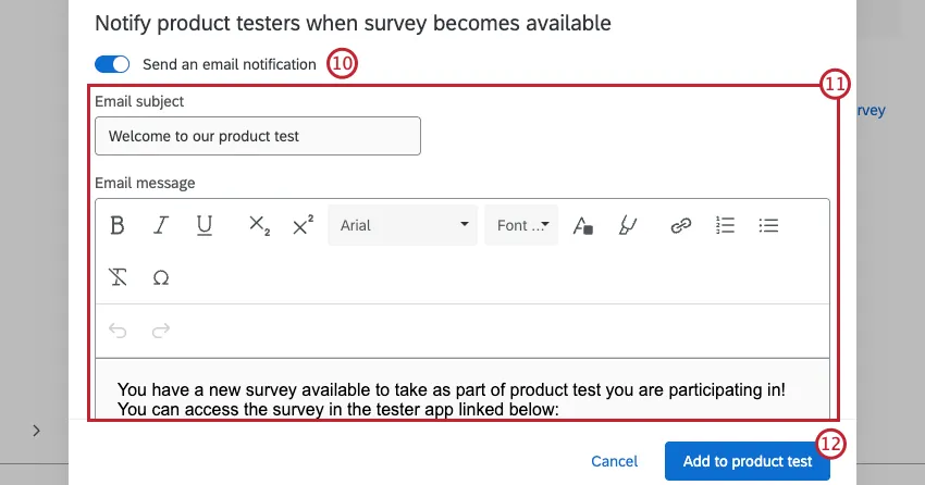 opzioni per comporre une-mail ai tester del prodotto