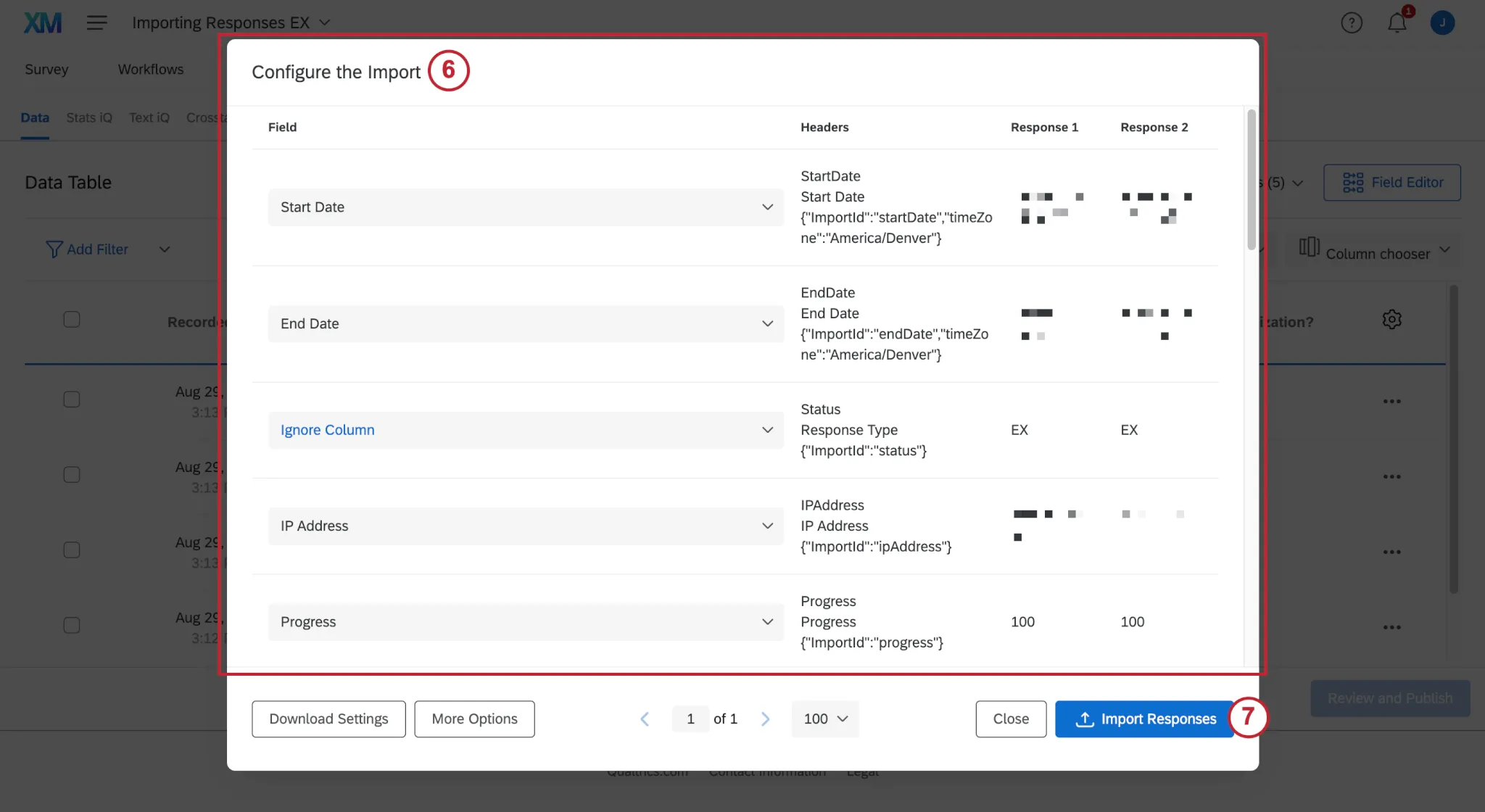 Configurare il menu Importazione, con il pulsante Importa Risposte
