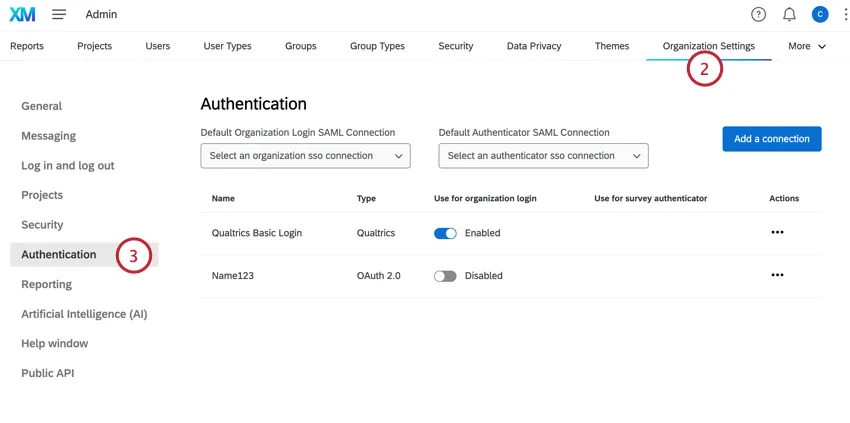 navegando até a seção Authentication (Autenticação) das configurações organização