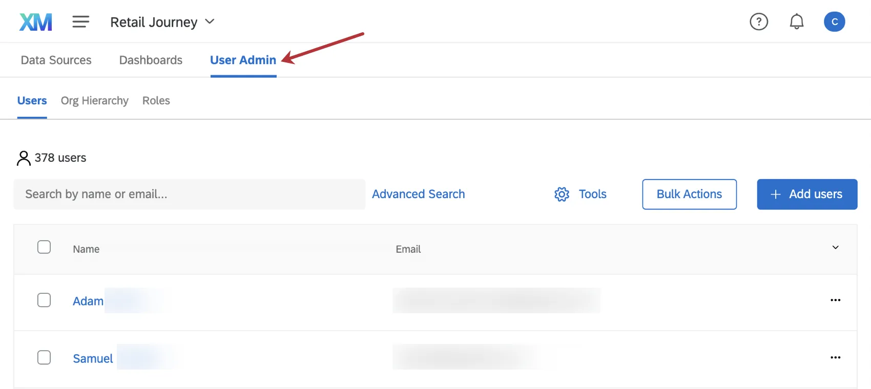 User Admin tab of dashboard project