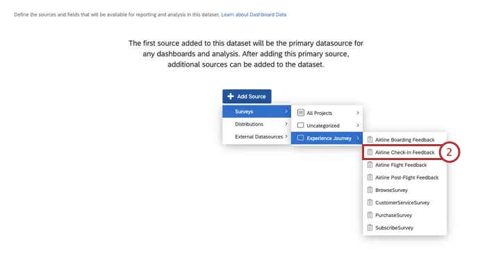 Agregue Fuente en la configuración de datos del Tablero con la Encuesta de Opinión sobre check-in de aerolíneas resaltada