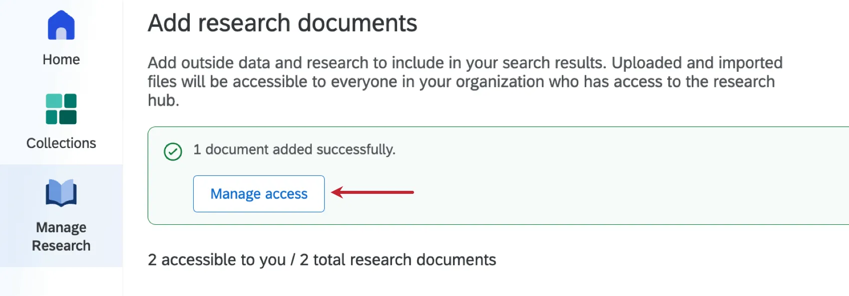 Banner para gestionar el acceso a un documento subido recientemente
