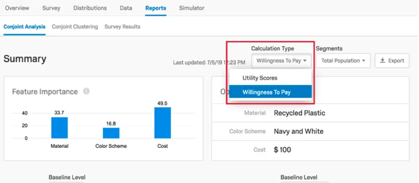 using the calculation type dropdown to select willingness to pay