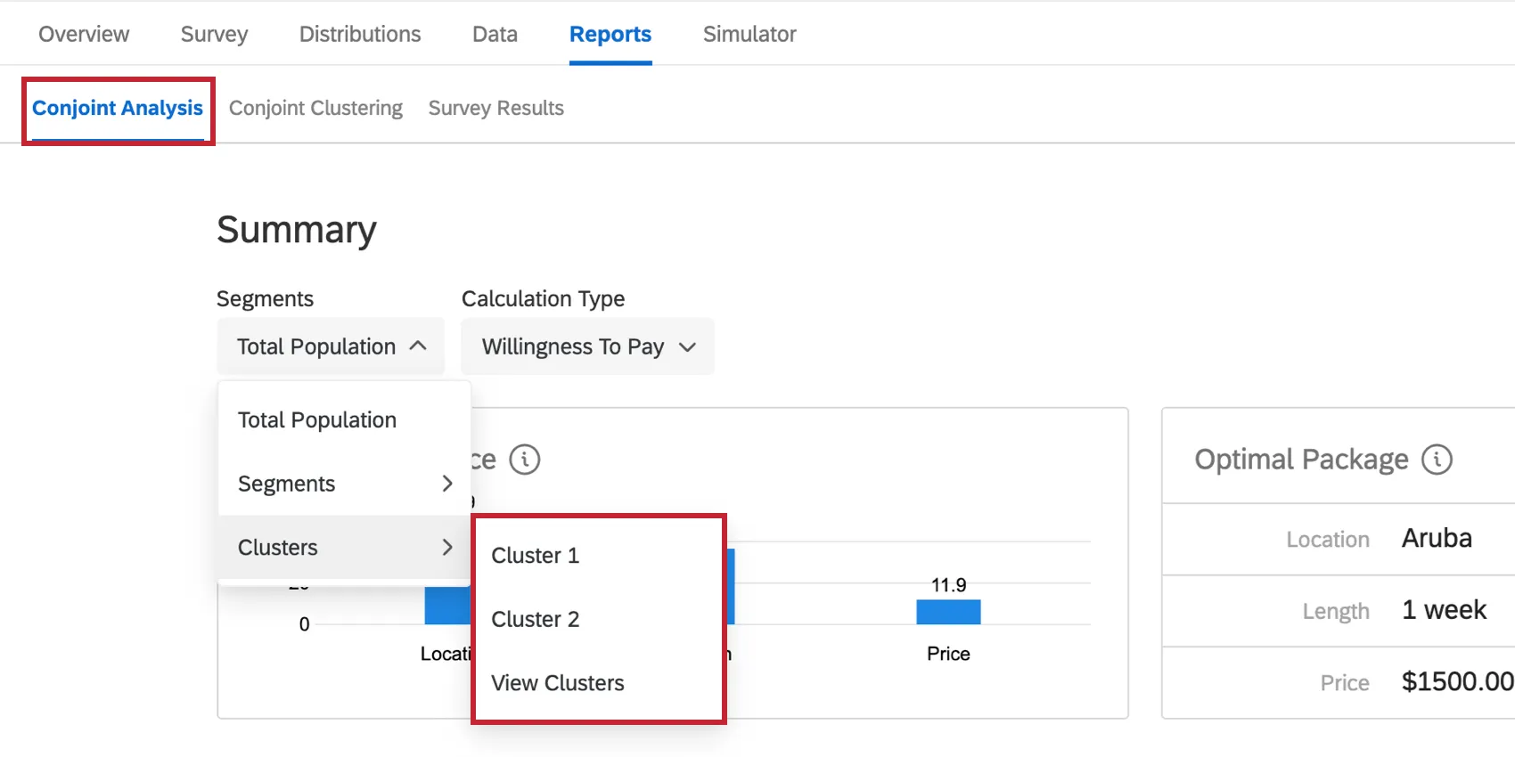 In the Conjoint Reports, the dropdown is expanded and a cluster is selected