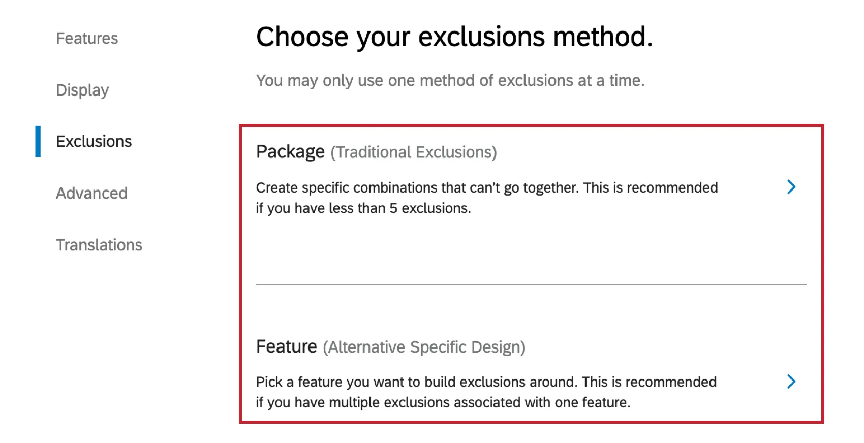 exclusion types available in a conjoint project