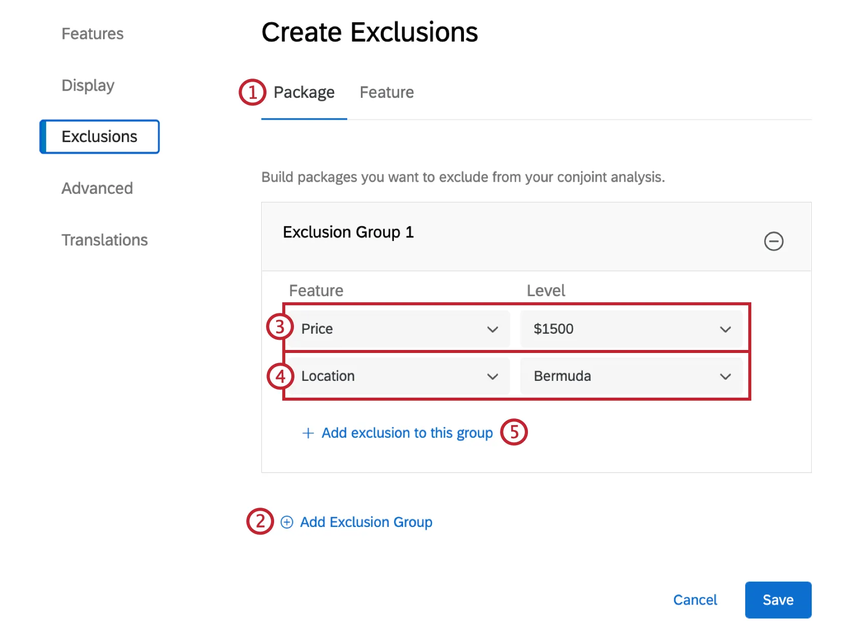 Configuración de exclusiones de paquetes mediante una serie de menús desplegables