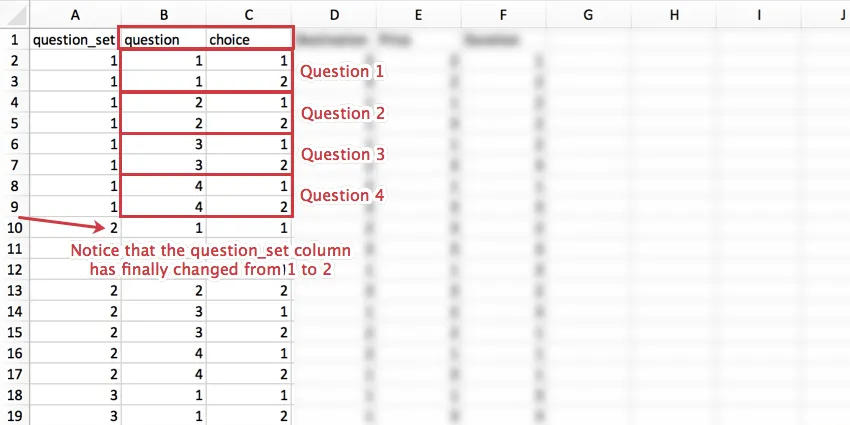 Un fichier CSV avec les lignes qui changent et leur correspondance aux choix entourés en rouge