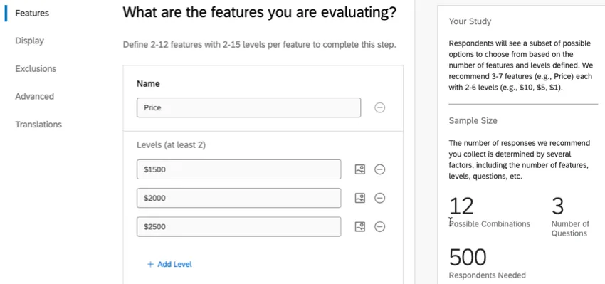 Features and Levels in the product