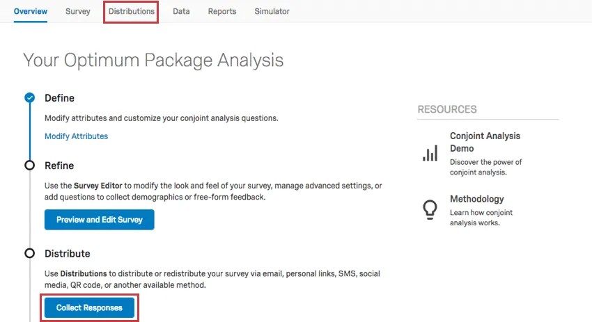Pestaña Distribuir en la parte superior y botón azul en la página