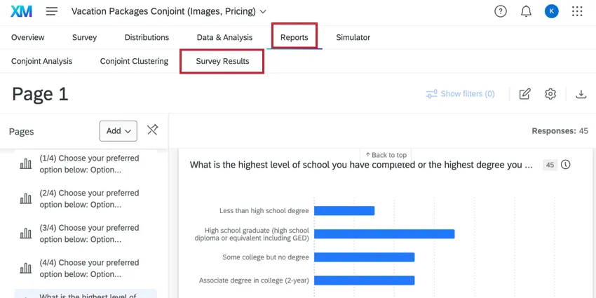 the survey results tab of a conjoint project