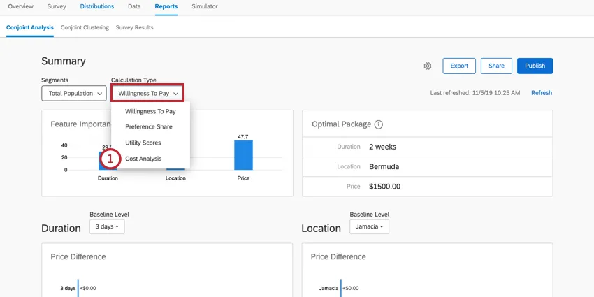 selecting the cost analysis calculation type from the dropdown menu
