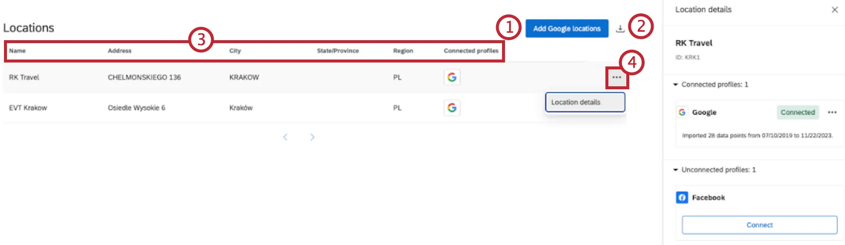 La pestaña de administración de reputación tiene cada ubicación listada en una tabla. El menú de 3 puntos en el extremo derecho de cada ubicación tiene la opción de editar ubicación dentro.