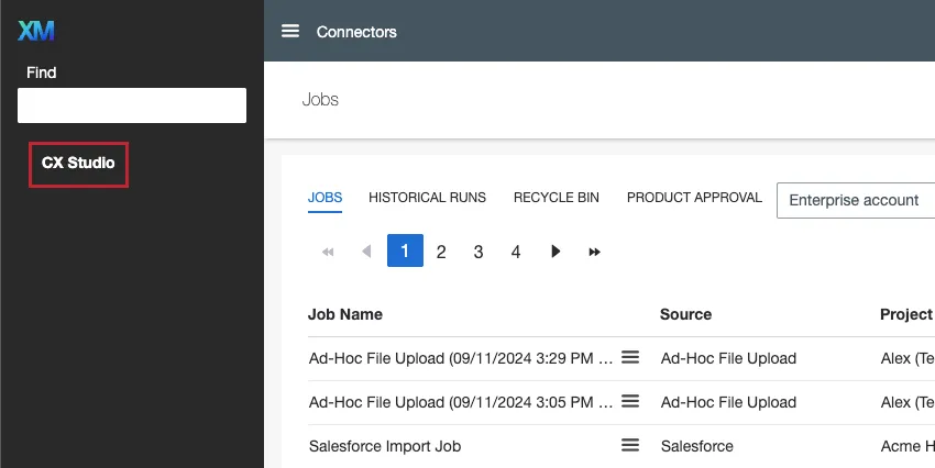 le menu souvre à gauche avec CX Studio mais pas de liste de designers à lintérieur