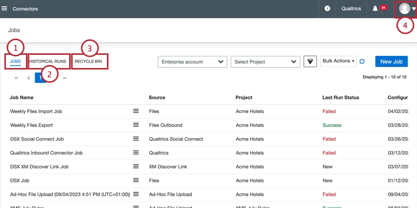As diferentes seções da página Conectores