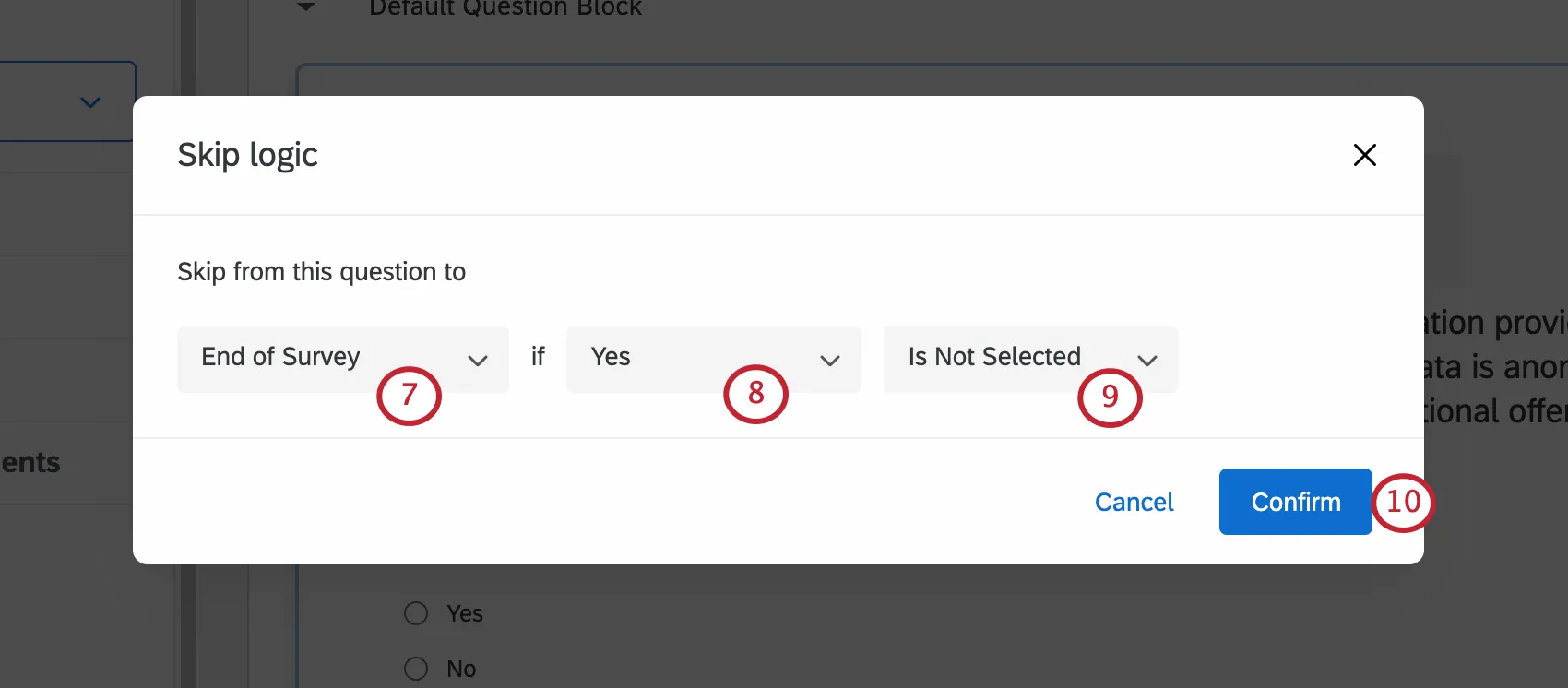 スキップロジックが入力される新しいウィンドウが開きます。
