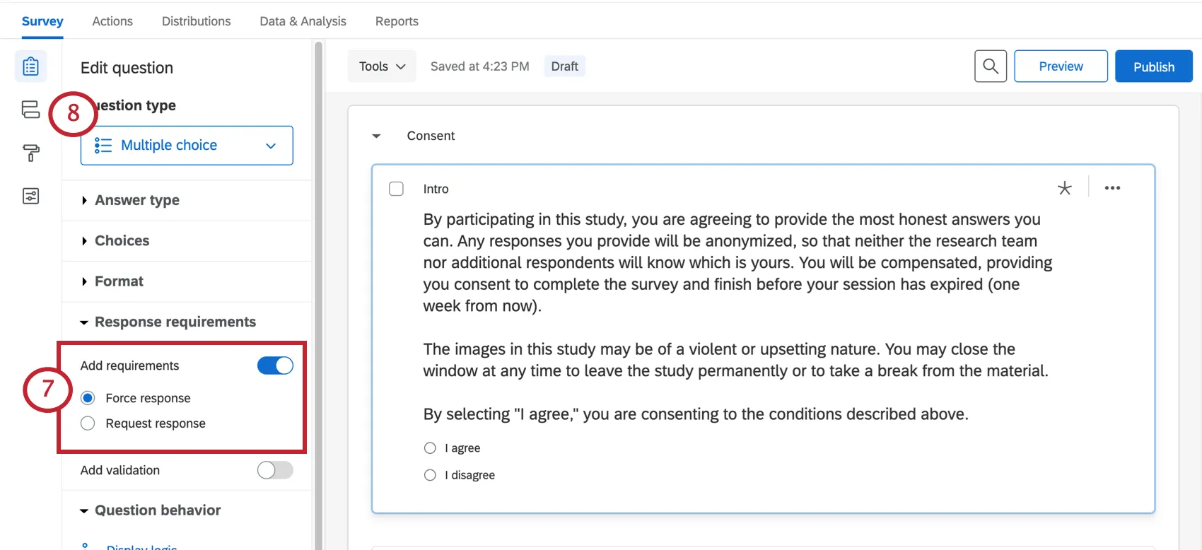Force response in editing pane to left; left toolbar has survey flow button