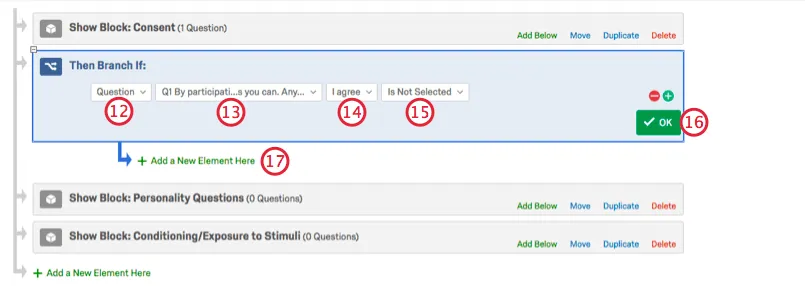 Setting the branch condition so the survey knows where to send those who do not consent