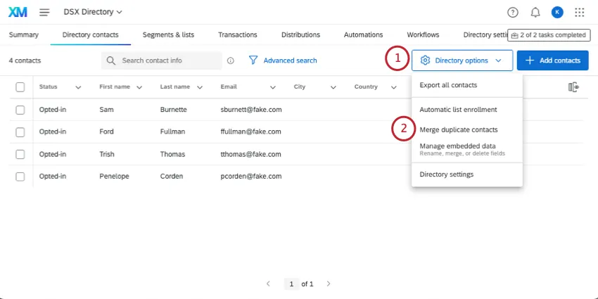 clicking merge duplicates in directory options