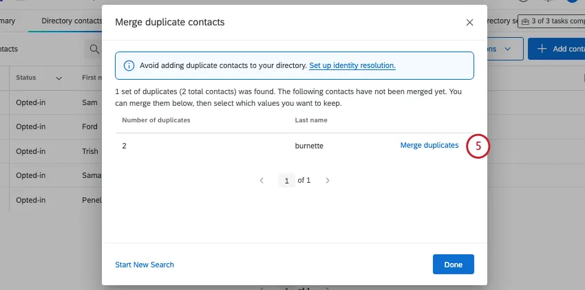 clicking merge next to an identified duplicate contact
