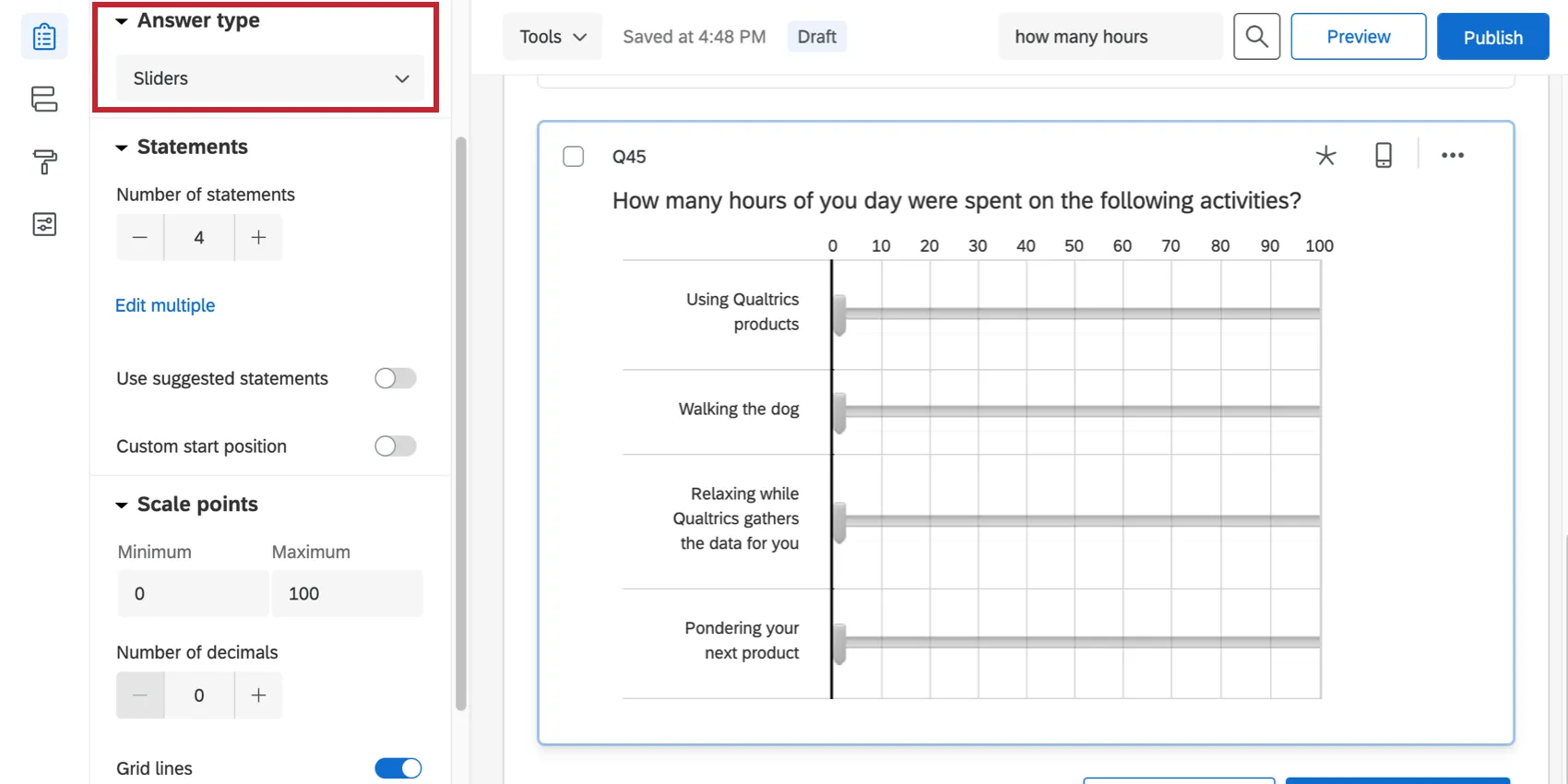 Constant Sum is set to sliders, which is similar to bars, but looks more like the slider question type