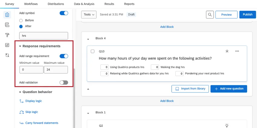 Options for "add range requirement" in the response requirements section of the question editing pane