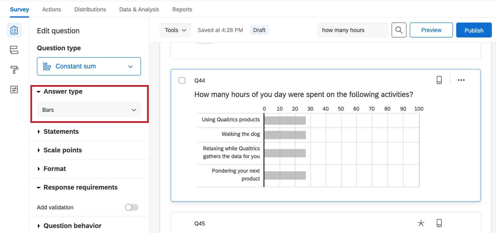 Bars is selected, so the constant sum looks like bars you can drag to indicate the numeric answer for each choice
