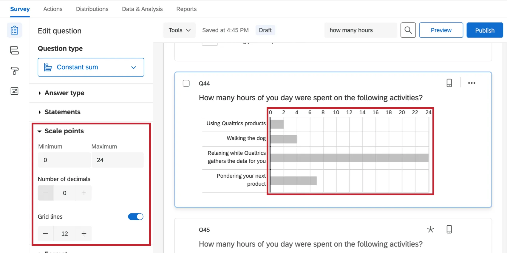 Im Abschnitt Rasterlinien werden Max, Min und Anzahl der Rasterlinien festgelegt.