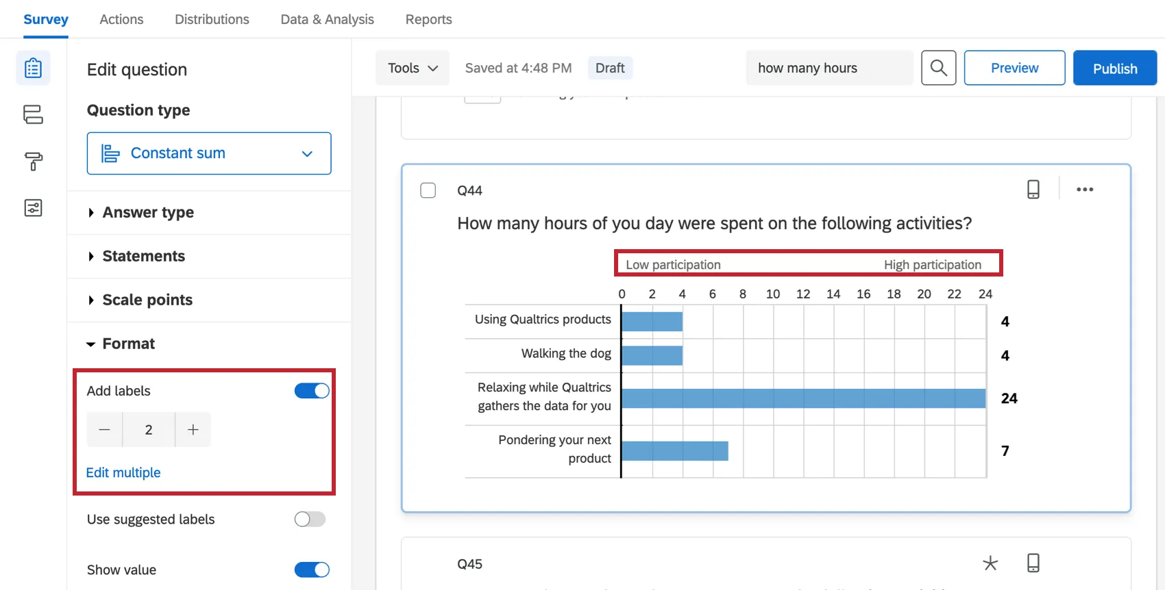 Beschriftungen sind auf 2 gesetzt, sodass zwei Beschriftungen über den Balken angezeigt werden.