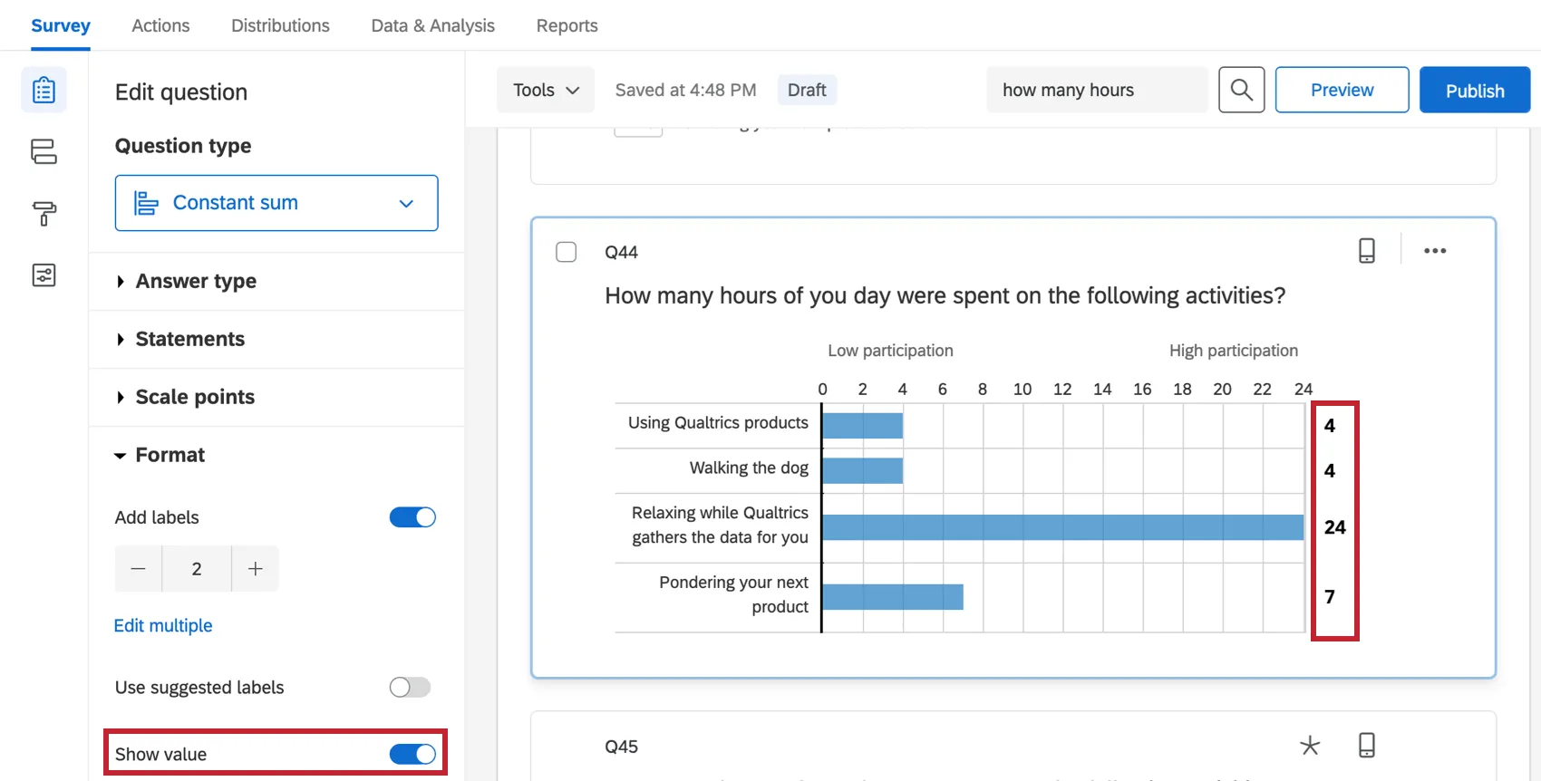 Wert anzeigen ist ausgewählt, sodass weiter jedem Balken rechts ein Wert angezeigt wird.