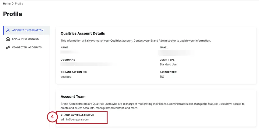viewing the brand admin contact information
